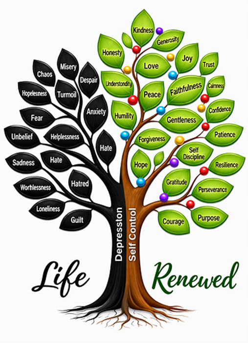 A tree with one half bare and dark, labelled with words like fear and despair, and the other half green and full, labelled with words like peace and hope. Life renewed.